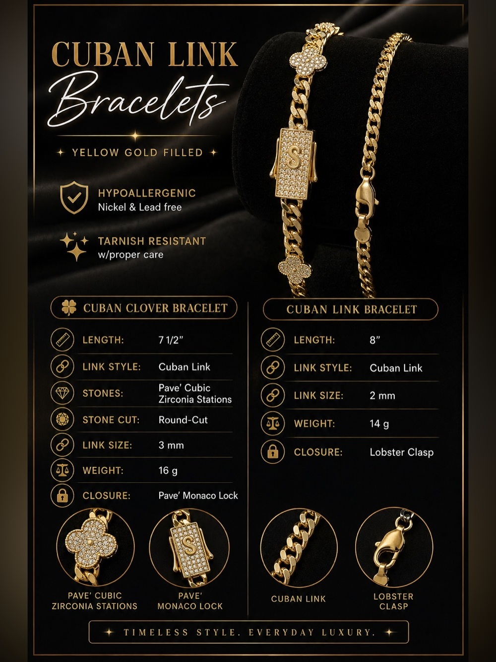 Pretty Bird Yellow Gold Cuban Link & Cuban Clover Link Bracelet - Picture 3 of 9